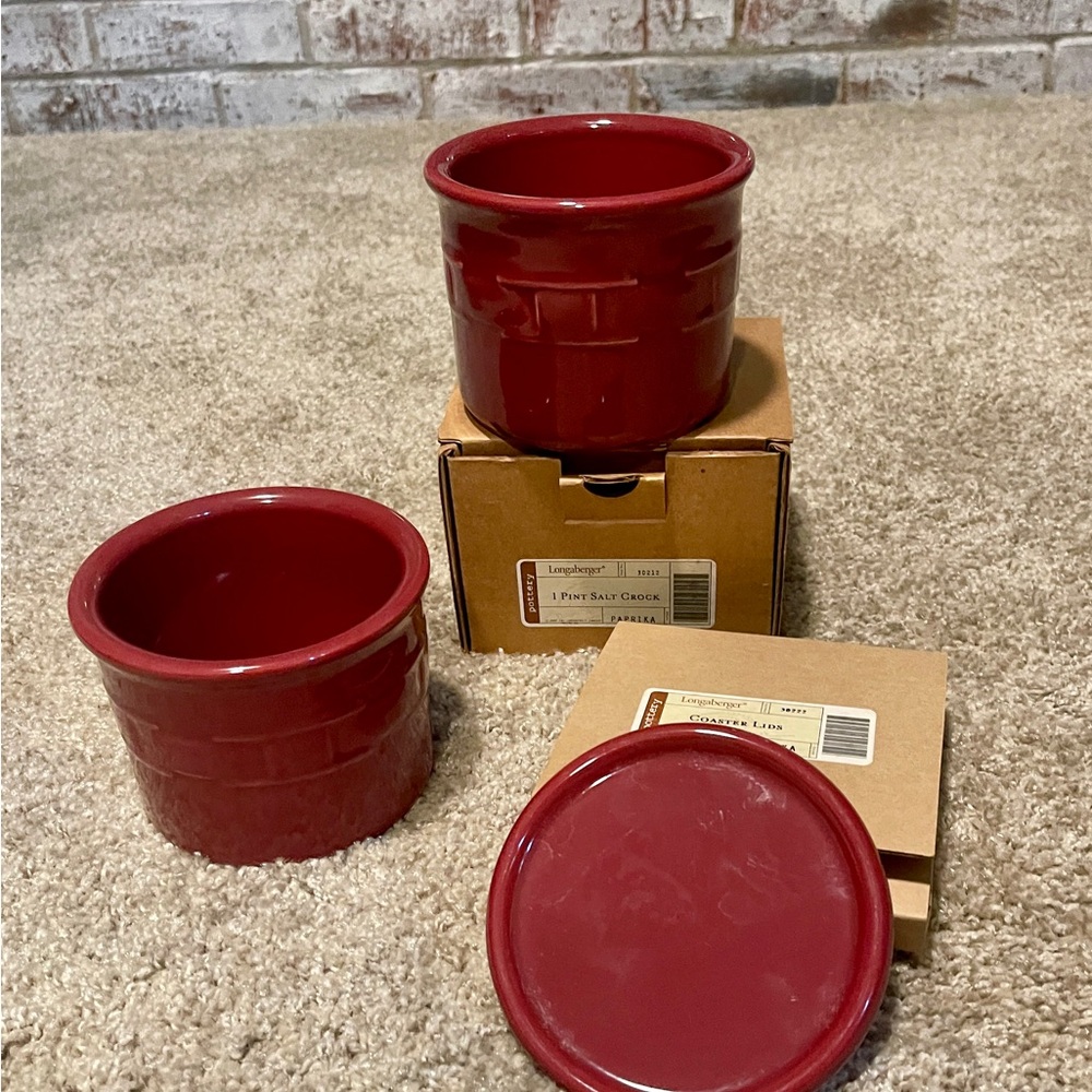 2 Longaberger Paprika Red Pottery One Pint Salt Crock & Coaster Lid